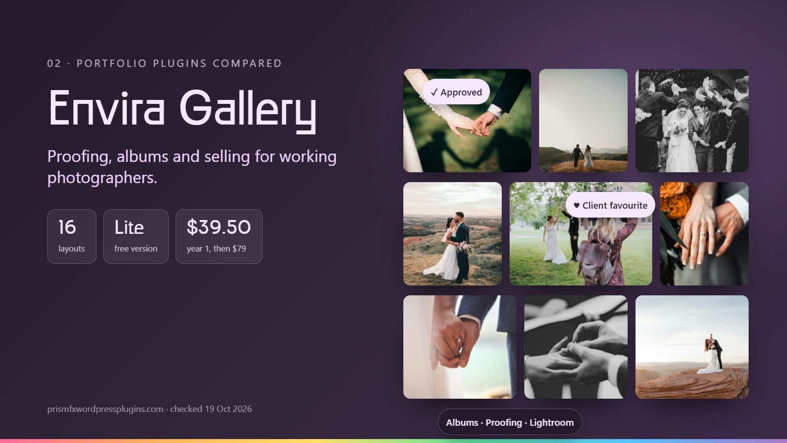 Envira Gallery compared: Proofing, albums and selling for working photographers. 16 layouts, Lite free version, $39.50 year 1, then $79