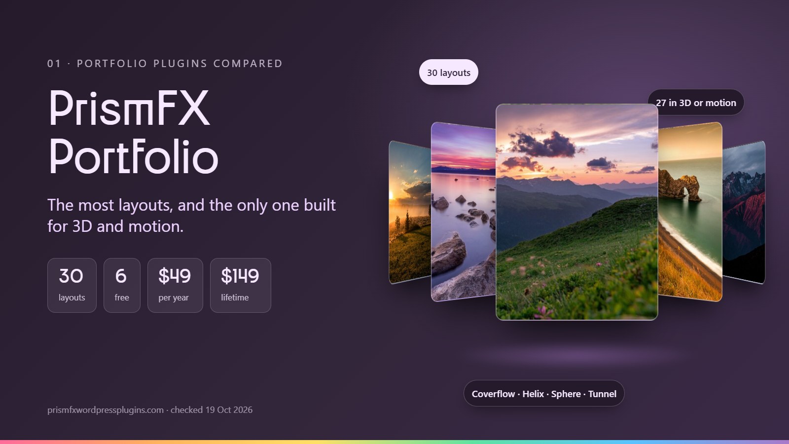 PrismFX Portfolio compared: The most layouts, and the only one built for 3D and motion. 30 layouts, 6 free, $49 per year, $149 lifetime