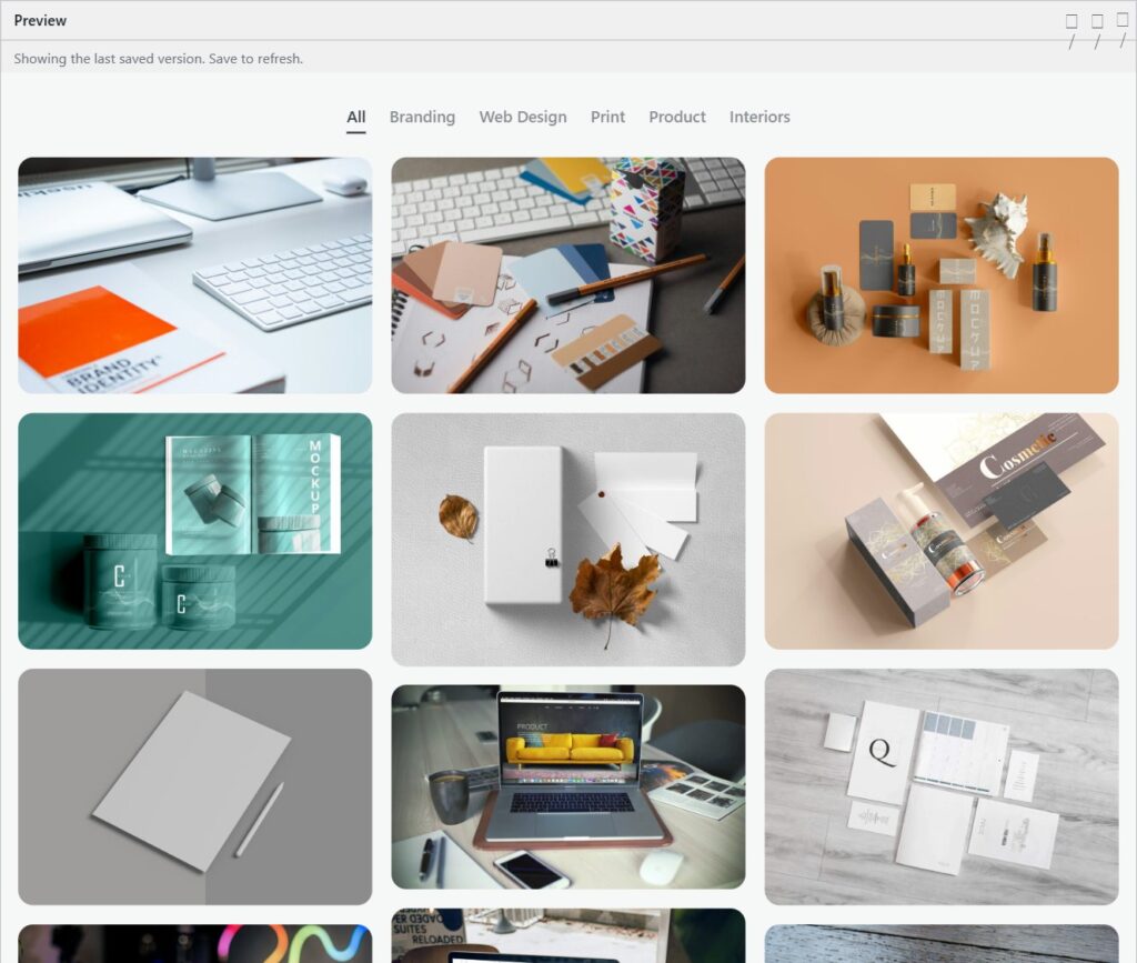 The PrismFX preview panel inside WordPress showing a masonry gallery